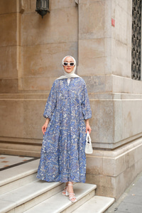 Retro Etnik Desenli Elbise Lacivert