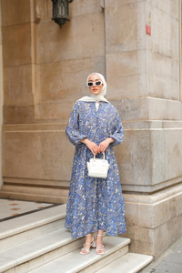 Retro Etnik Desenli Elbise Lacivert