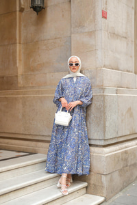 Retro Etnik Desenli Elbise Lacivert