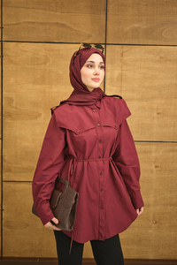 Roba Detaylı Kemerli Regular Poplin Gömlek Bordo