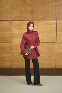Roba Detaylı Kemerli Regular Poplin Gömlek Bordo