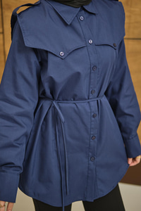 Roba Detaylı Kemerli Regular Poplin Gömlek Lacivert