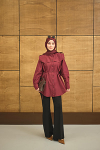 Roba Detaylı Kemerli Regular Poplin Gömlek Bordo