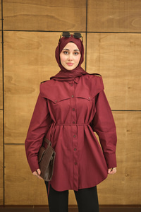 Roba Detaylı Kemerli Regular Poplin Gömlek Bordo