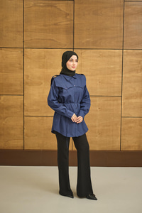 Roba Detaylı Kemerli Regular Poplin Gömlek Lacivert