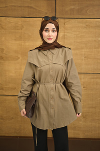 Roba Detaylı Kemerli Regular Poplin Gömlek Kahverengi