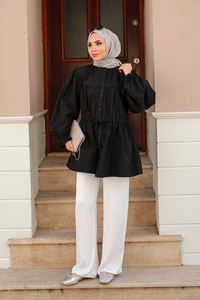 Robadan Büzgü Detaylı Balon Kol Gömlek Siyah