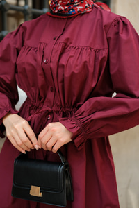 Robadan Büzgü Detaylı Balon Kol Gömlek Bordo