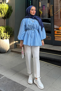 Robadan Büzgü Detaylı Balon Kol Gömlek Mavi