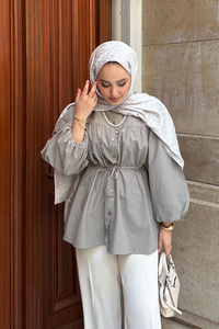 Robadan Büzgü Detaylı Balon Kol Gömlek Küf Yeşil