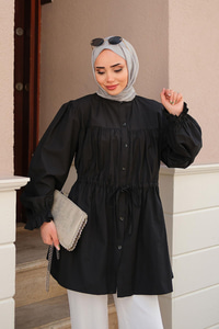 Robadan Büzgü Detaylı Balon Kol Gömlek Siyah