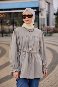 Robadan Büzgü Detaylı Balon Kol Gömlek Küf Yeşil