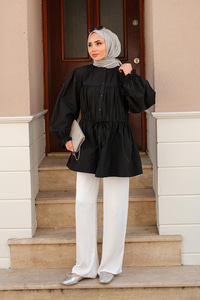 Robadan Büzgü Detaylı Balon Kol Gömlek Siyah