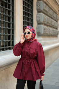 Robadan Büzgü Detaylı Balon Kol Gömlek Bordo