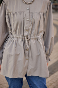 Robadan Büzgü Detaylı Balon Kol Gömlek Küf Yeşil