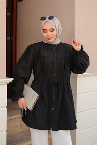 Robadan Büzgü Detaylı Balon Kol Gömlek Siyah