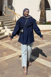 Robası Fırfırlı Cupra Tencel Gömlek Lacivert