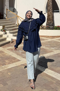 Robası Fırfırlı Cupra Tencel Gömlek Lacivert