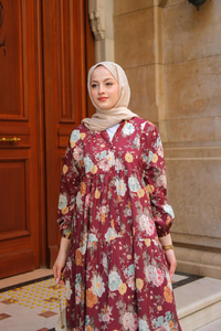 Rose Desenli Elbise Bordo