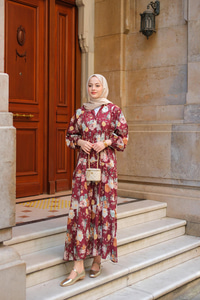 Rose Desenli Elbise Bordo