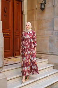 Rose Desenli Elbise Bordo