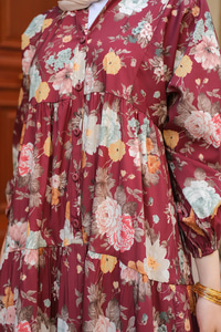 Rose Desenli Elbise Bordo