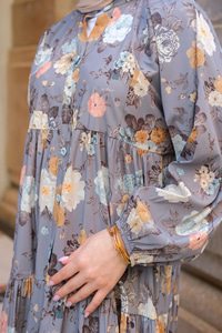 Rose Desenli Elbise Gri