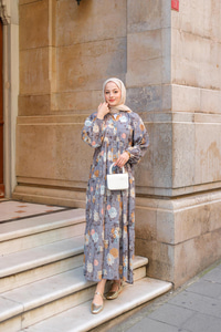 Rose Desenli Elbise Gri
