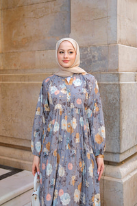 Rose Desenli Elbise Gri