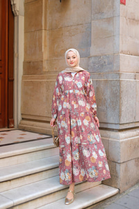 Rose Desenli Elbise Kahverengi