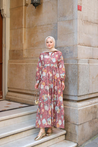 Rose Desenli Elbise Kahverengi