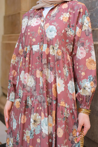 Rose Desenli Elbise Kahverengi