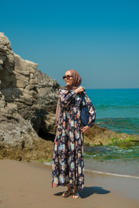 Rose Desenli Elbise Lacivert