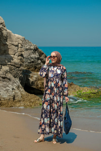 Rose Desenli Elbise Lacivert