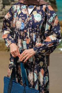 Rose Desenli Elbise Lacivert