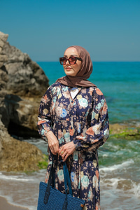 Rose Desenli Elbise Lacivert