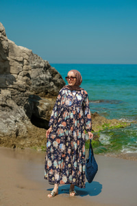 Rose Desenli Elbise Lacivert