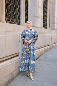 Rose Desenli Elbise Mavi