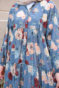 Rose Desenli Elbise Mavi