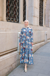 Rose Desenli Elbise Mavi