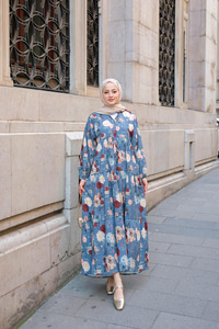 Rose Desenli Elbise Mavi