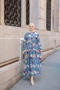 Rose Desenli Elbise Mavi