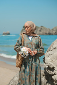 Rüzgar Dokusu Desenli Elbise Yeşil