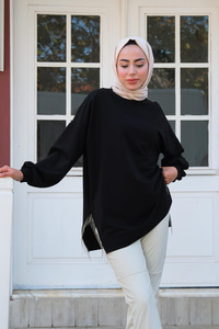 Saçaklı Zincirli Sweat Siyah