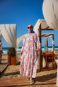 Şakayık Desen Elbise Mavi