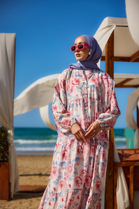 Şakayık Desen Elbise Mavi