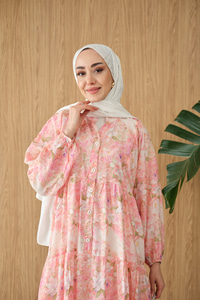 Şakayık Desen Elbise Pembe