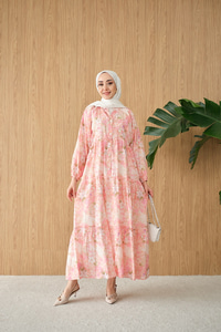 Şakayık Desen Elbise Pembe