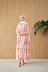 Şakayık Desen Elbise Pembe