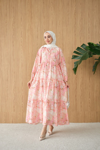 Şakayık Desen Elbise Pembe